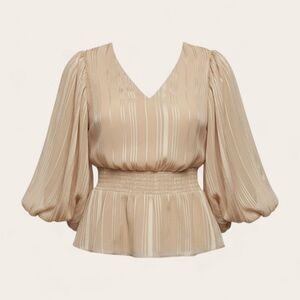Express Sheer Puff Sleeve Peplum Top Beige | Romantic — Size M